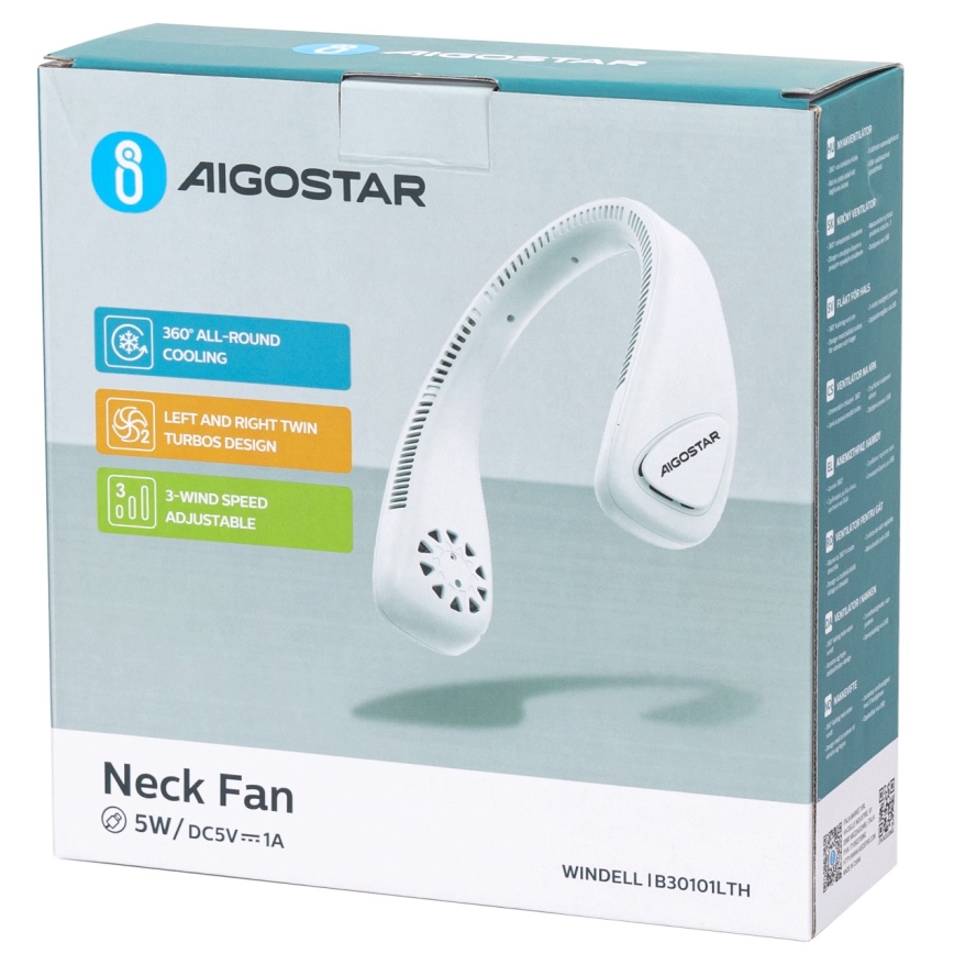 Aigostar - Акумулаторен вентилатор за врат 4W/5V 2000mAh бял