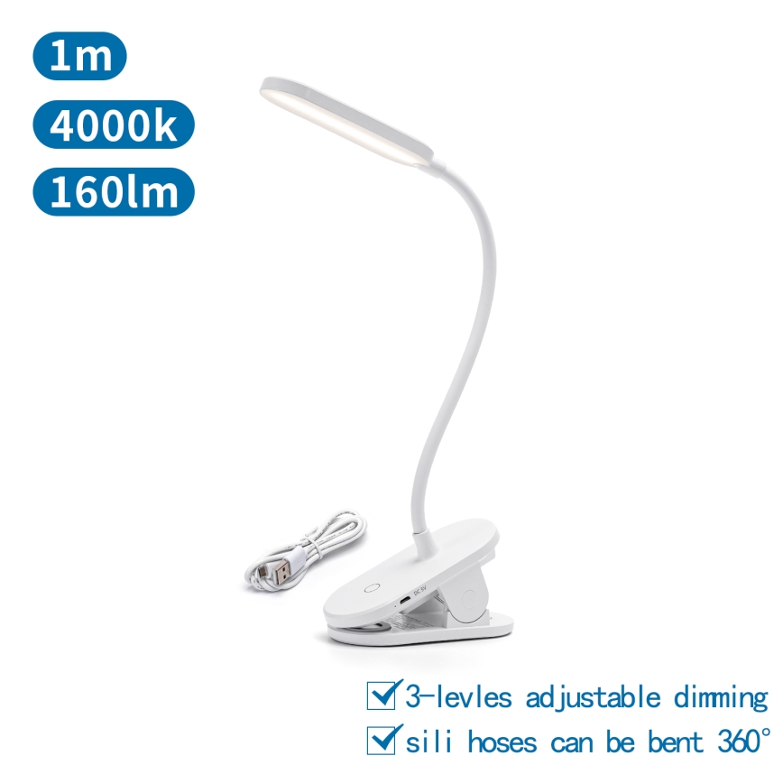 Aigostar - LED Димируема акумулаторна настолна лампа с щипка LED/2,5W/5V 1200mAh бял