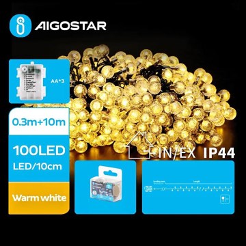 Aigostar - LED Екстериорни Коледни лампички 100xLED/3xAA/8 функции 10,3 м IP44 топло бял