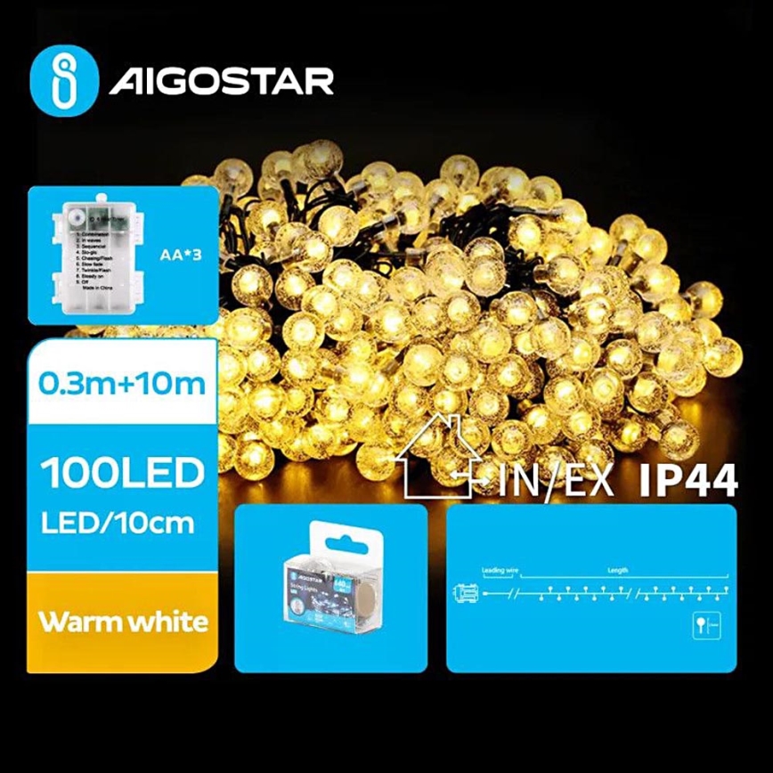 Aigostar - LED Екстериорни Коледни лампички 100xLED/3xAA/8 функции 10,3 м IP44 топло бял