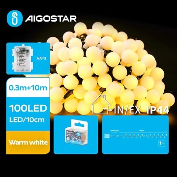 Aigostar - LED Екстериорни коледни лампички 100xLED/3xAA/8 функции 10,3 м IP44 топло бял