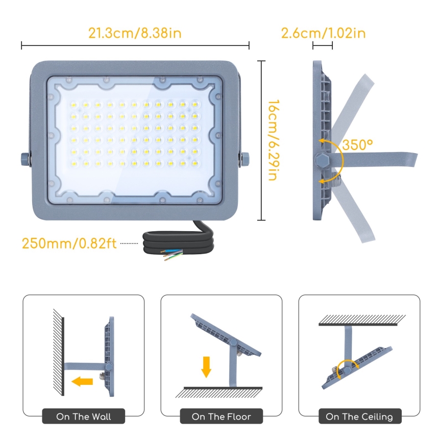 Aigostar - LED Прожектор LED/50W/230V сив 6500K IP65