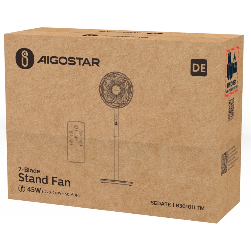 Aigostar - Стоящ вентилатор 45W/230V бял + дистанционно управление