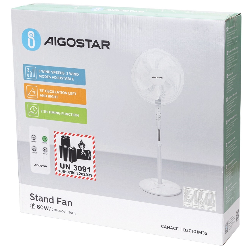 Aigostar - Стоящ вентилатор 60W/230V бял + дистанционно управление