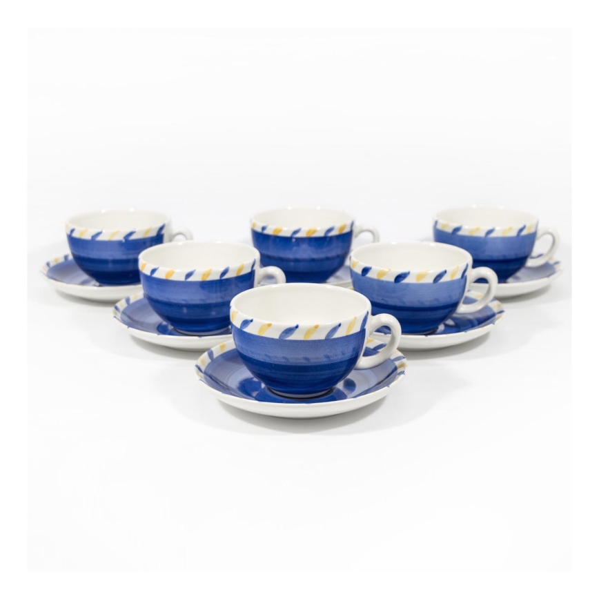 Чаен комплект 6бр. керамични чаши с чинийки син/жълт