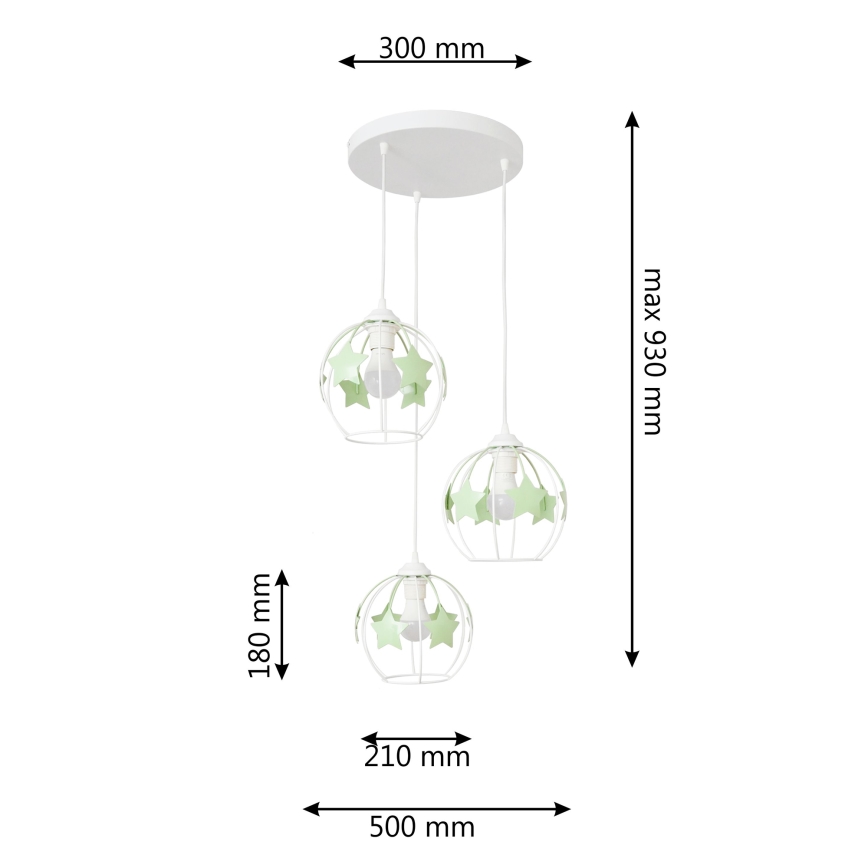 Детски пендел STARS 3xE27/15W/230V зелен/бял