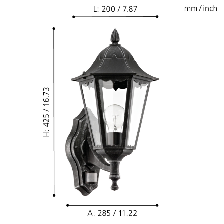 Eglo - Екстериорна Стенна лампа на сензор 1xE27/60W/230V IP44