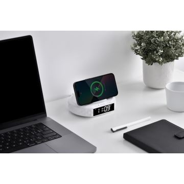 Будилник с LCD дисплей и безжичен Qi charger 27W/9V бял