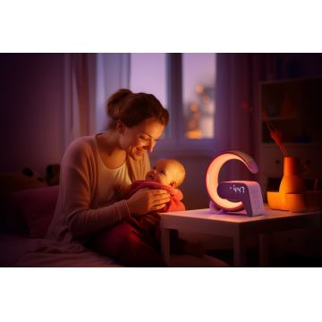 LED RGB Димируема настолна лампа с будилник и Qi зареждане 30W/230V златист