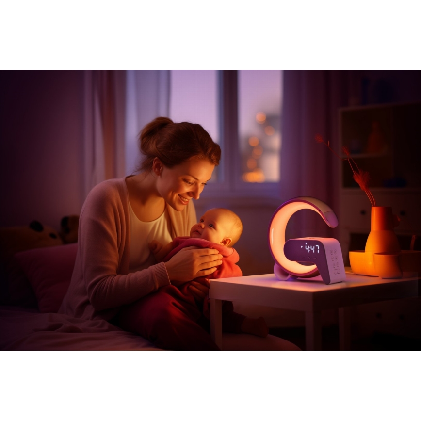 LED RGB Димируема настолна лампа с будилник и Qi зареждане 30W/230V златист