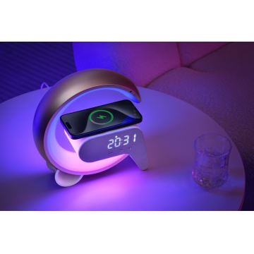 LED RGB Димируема настолна лампа с будилник и Qi зареждане 30W/230V златист