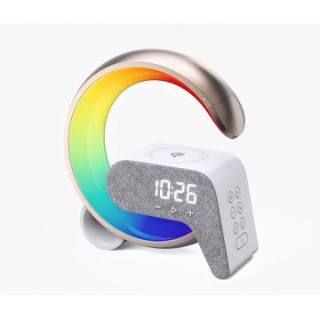 LED RGB Димируема настолна лампа с будилник и Qi зареждане 30W/230V златист