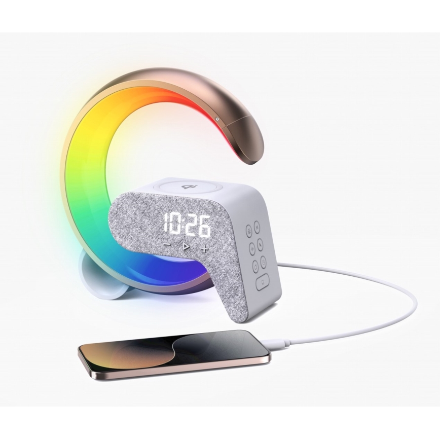 LED RGB Димируема настолна лампа с будилник и Qi зареждане 30W/230V златист