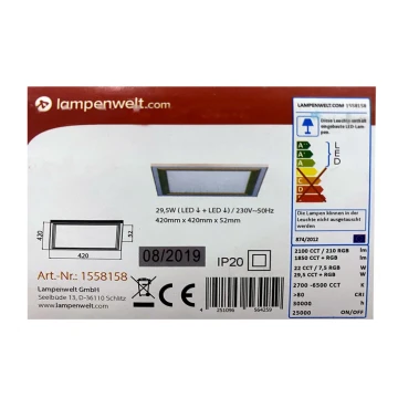 Lampenwelt - LED RGBW Димируем плафон LYNN LED/29,5W/230V 2700-6500K + дистанционно управление