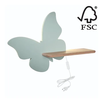 LED Детски аплик с рафт BUTTERFLY LED/5W/230V зелен/дървен - FSC сертифициран