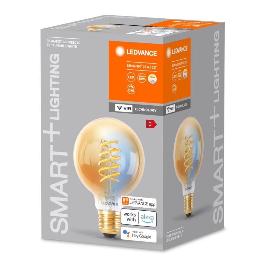 LED Димируема крушка SMART+ FILAMENT GLOBE G80 E27/8W/230V 2200-5000K Wi-Fi - Ledvance