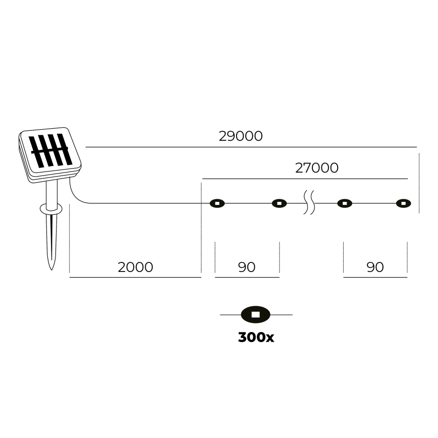 LED - Solar верига 300xLED/0,12W/1,2V 1xAA 27 m IP44 3000K