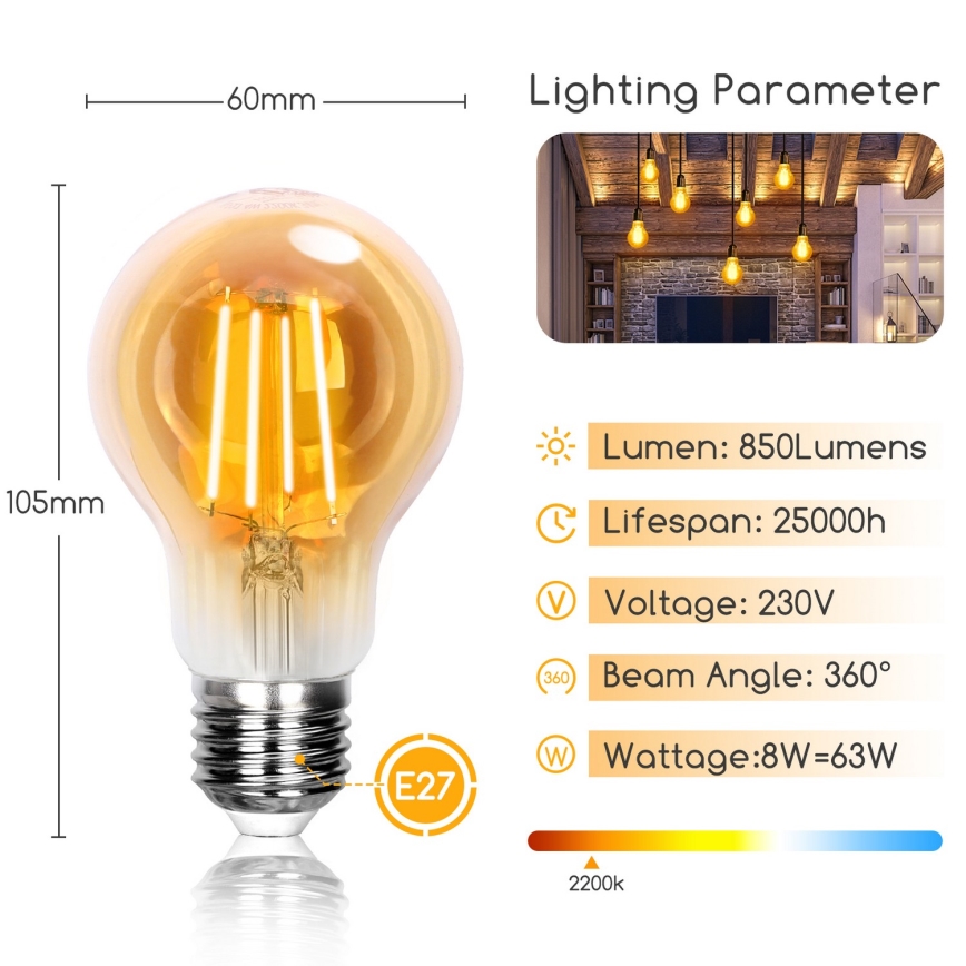 LED Крушка A60 E27/8W/230V 2200K - Aigostar