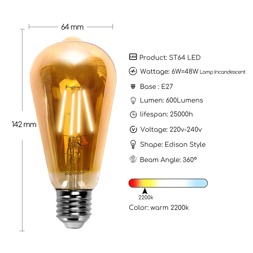 LED Крушка ST64 E27/6W/230V 2200K - Aigostar