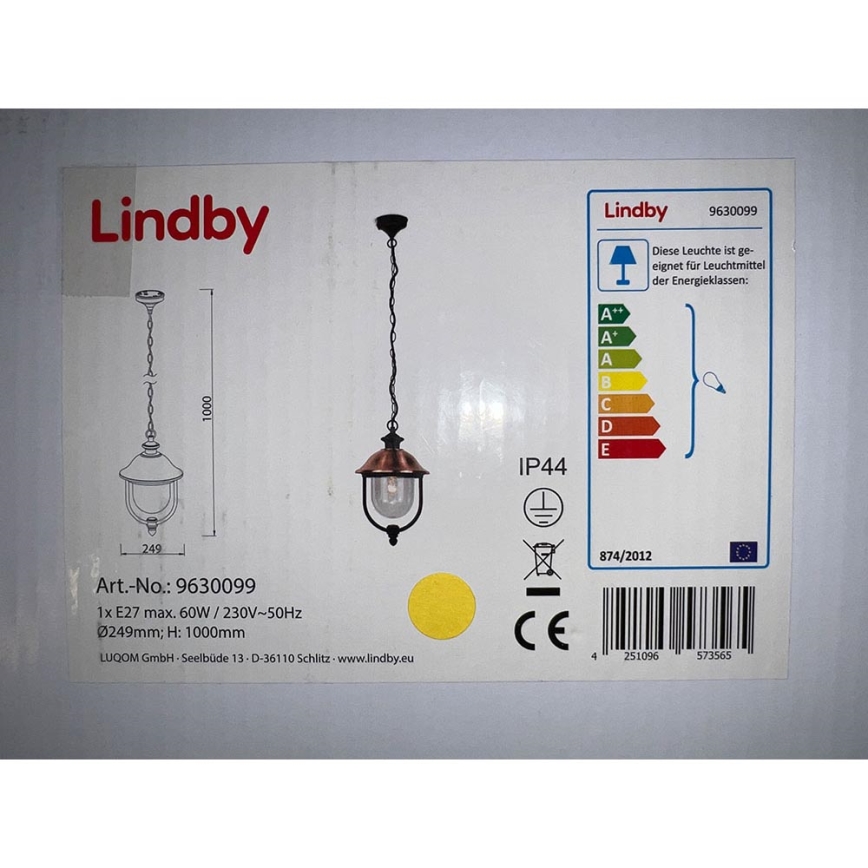 Lindby - Екстериорен пендел CLINT 1xE27/60W/230V IP44