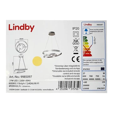 Lindby - LED Димируем пендел SMART VERIO LED/27W/230V 3000/4000/6000K + д.у.