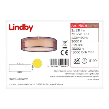 Lindby - LED Димируем плафон AMON 3xLED/12W/230V