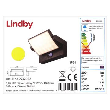 Lindby - LED Соларен аплик със сензор SHERIN LED/3,7W/3,7V IP54