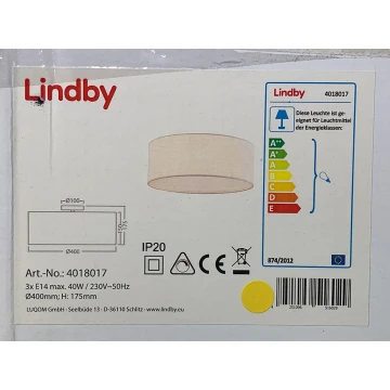 Lindby - Плафон HENRIKA 3xE14/40W/230V бял