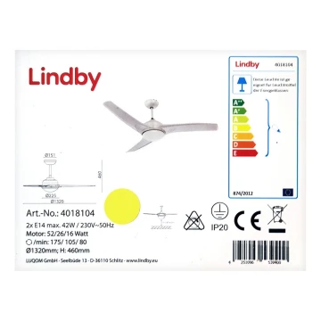 Lindby - Таванен вентилатор EMANUEL 2xE14/42W/230V + дистанционно