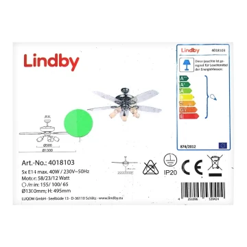 Lindby - Таванен вентилатор с лампа CEDRIK 5xE14/40W/230V