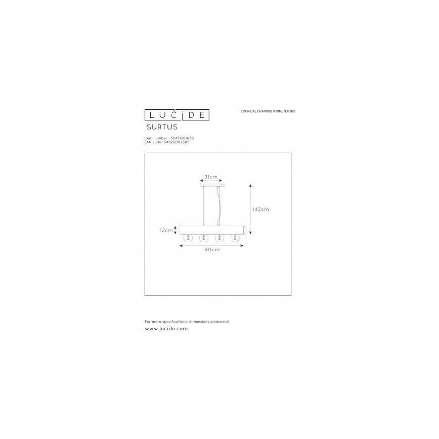 Lucide 30474/04/30 - Висящ полилей SURTUS 4xE27/60W/230V