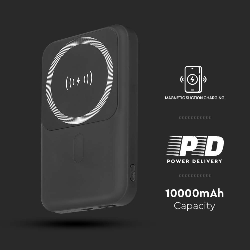 Магнитна захранваща банка с безжично зареждане Power Delivery 10 000mAh/20W/3,7V черен