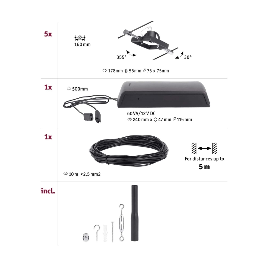 Paulmann 94434 - К-кт 5xGU5,3/10W Спот за релсова система MAC 230V черен