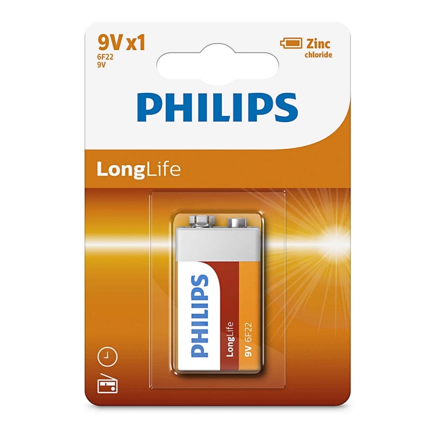 Philips 6F22L1B/10 - Батерия, цинков-хлорид 6F22 LONGLIFE 9V 150mAh