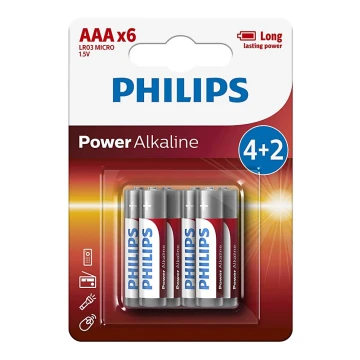 Philips LR03P6BP/10 - 6 ks Алкална батерия AAA POWER ALKALINE 1,5V 1150mAh