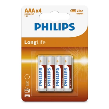 Philips R03L4B/10 - 4 бр. Батерия, цинков-хлорид AAA LONGLIFE 1,5V 450mAh