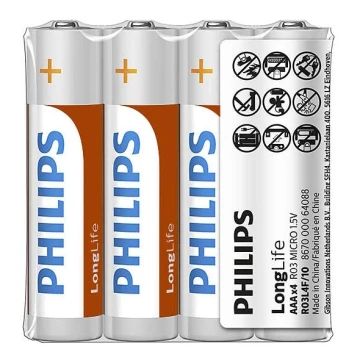 Philips R03L4F/10 - 4 бр. Батерия, цинков-хлорид AAA LONGLIFE 1,5V 450mAh