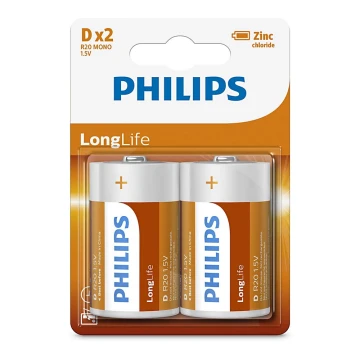 Philips R20L2B/10 - 2 бр. Батерия, цинков-хлорид D LONGLIFE 1,5V 5000mAh