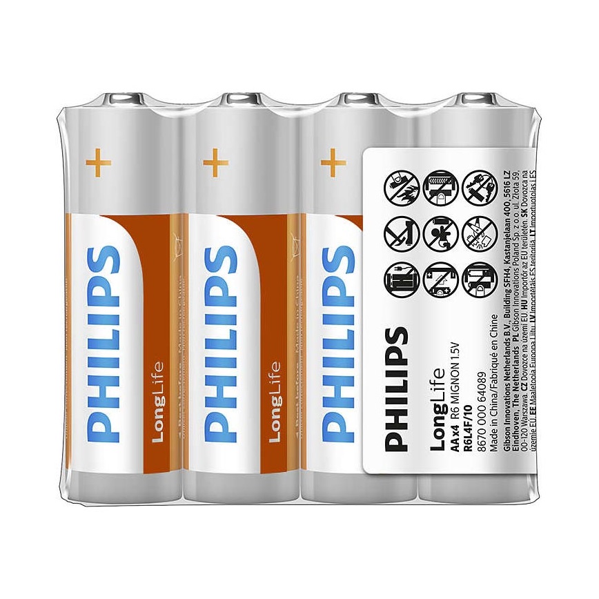 Philips R6L4F/10 - 4 бр. Батерия, цинков-хлорид AA LONGLIFE 1,5V 900mAh