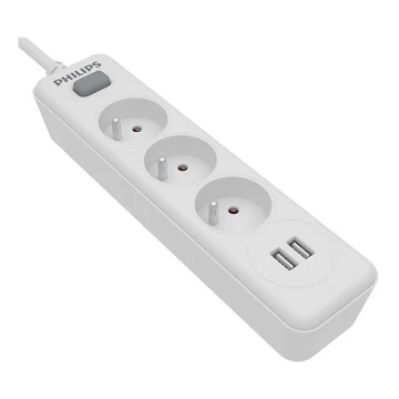 Philips SPN3032WA/60 - Разклонител с превключвател 3Z + 2xUSB-A 2m бял