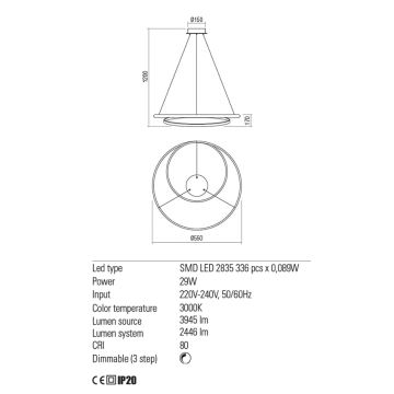 Redo 01-1793 - LED Димируем пендел TORSION LED/29W/230V Ø 55 см бял