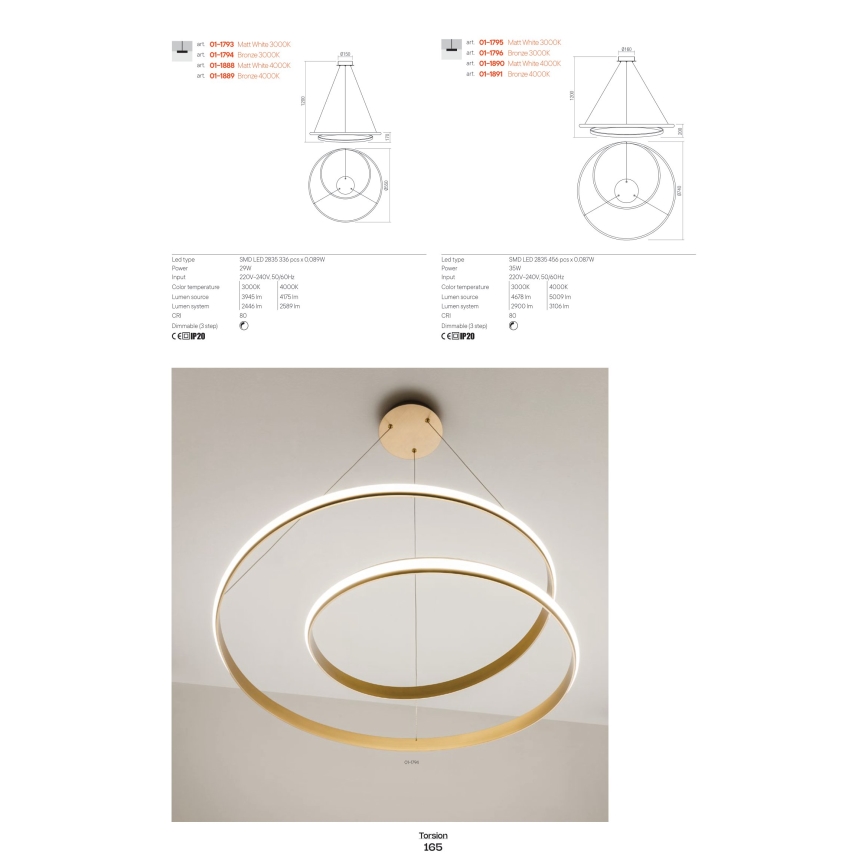 Redo 01-1794 - LED Димируем пендел TORSION LED/29W/230V Ø 55 см бронзов