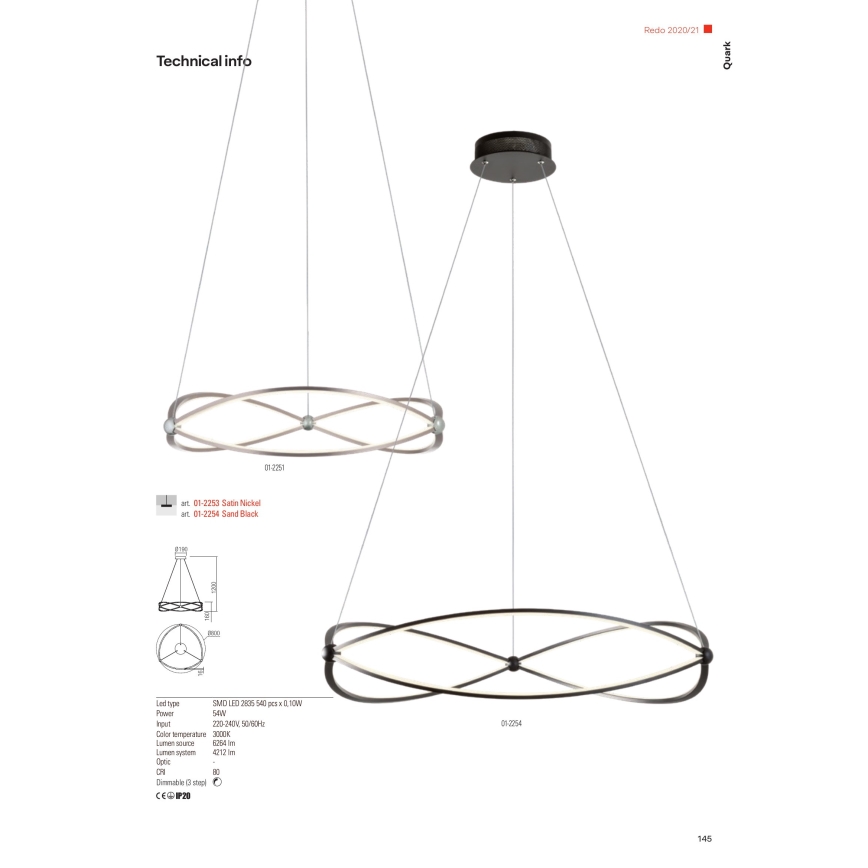 Redo 01-2251 - LED Димируем пендел QUARK LED/43W/230V 3000K Ø 60 см хром