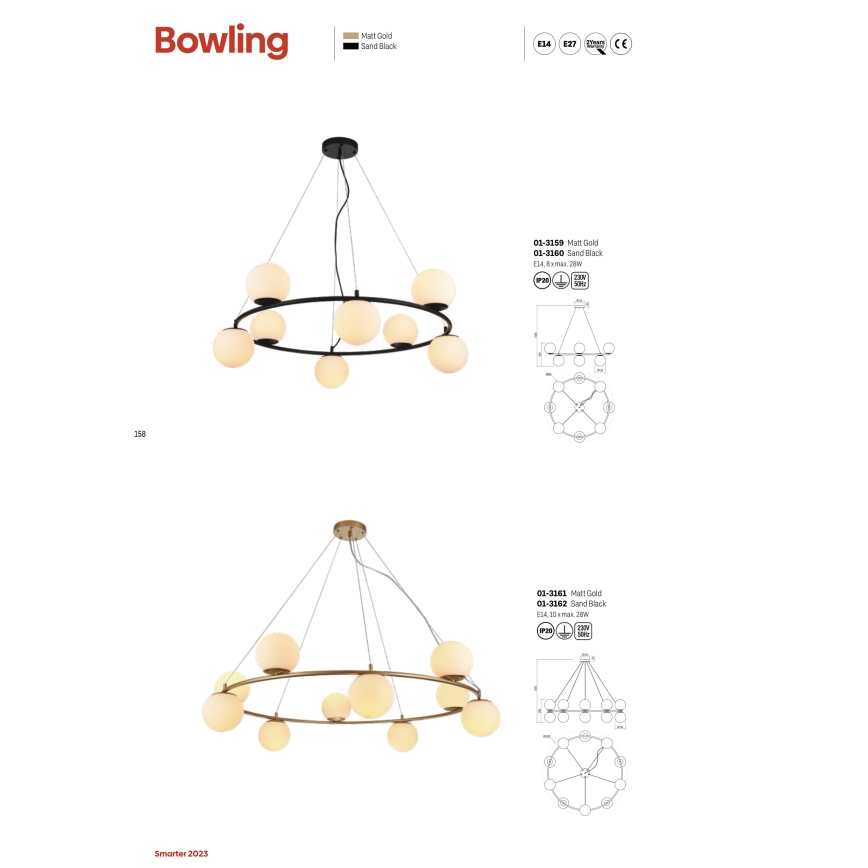 Redo 01-3157 - Пендел BOWLING 6xE14/28W/230V златист