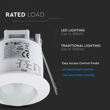 Сензор за движение за вграждане PIR 360° 300W/230V бял