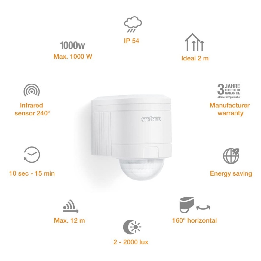 STEINEL 602819 - Екстериорен инфрачервен стенен сензор IS240 бял IP54