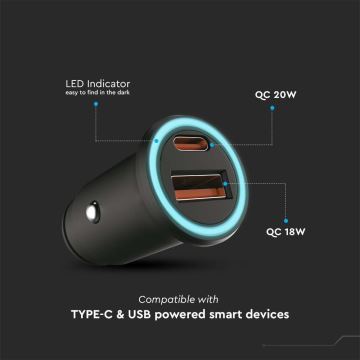 Зарядно за автомобил Power Delivery 20W 12-24V/3A USB/C черно