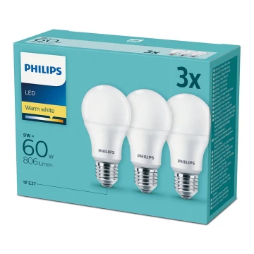 К-кт 3 бр. LED крушка Philips E27/9W/230V 2700K