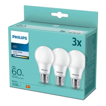 К-кт 3 бр. LED крушки Philips A60 E27/8W/230V 4000K