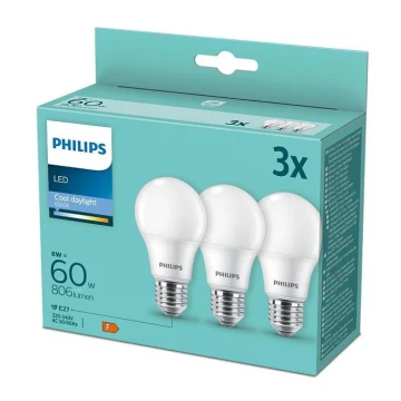 К-кт 3бр. LED крушки Philips A60 E27/8W/230V 6500K